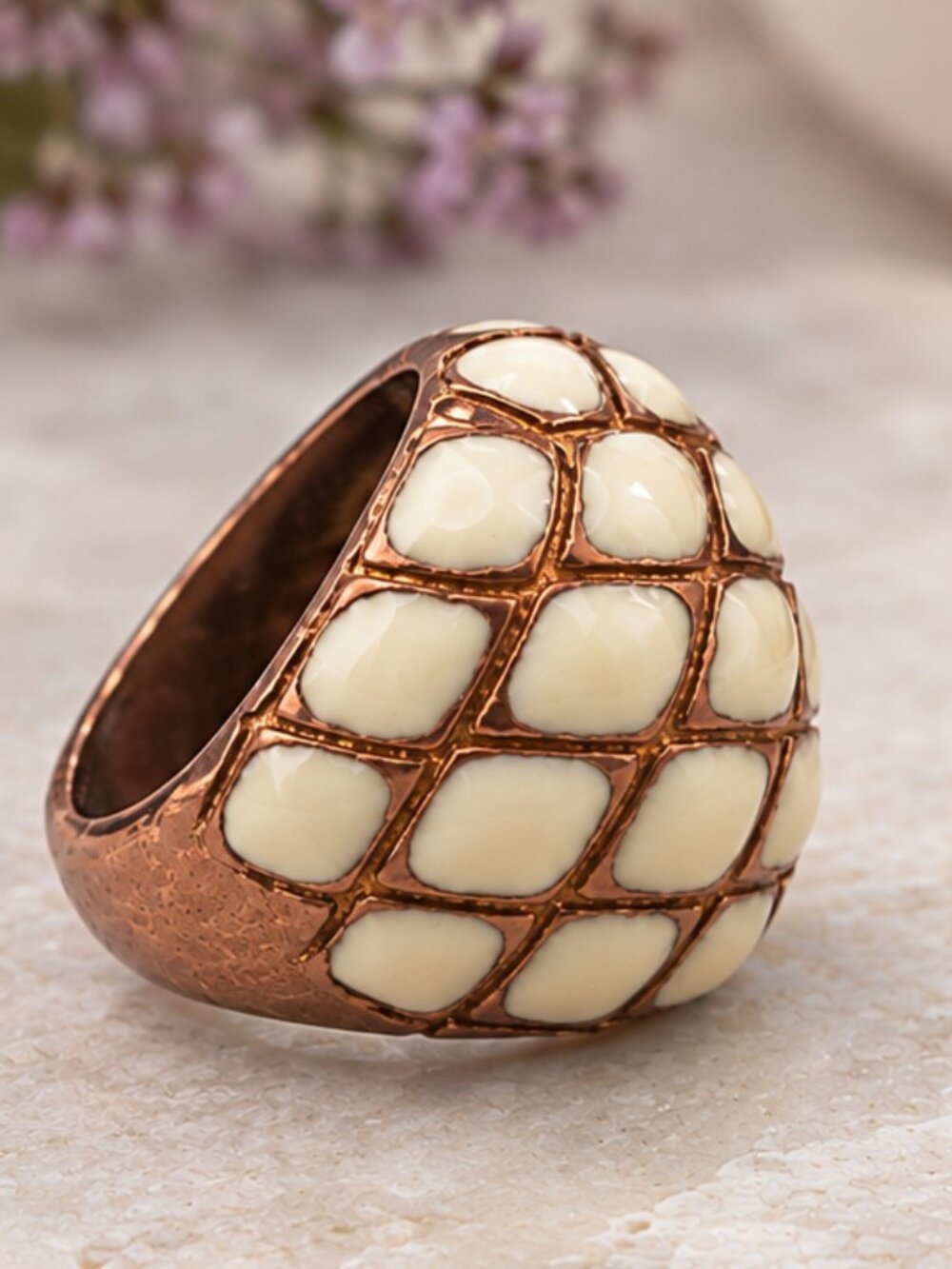 Vintage Modernist Art Deco Ring Copper Base & Ivory Enamel Lattice Design size10